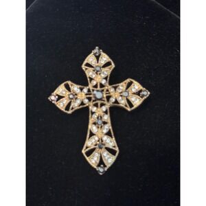 Vintage Gold Tone Rhinestone Cross Brooch Pin Filigree Religious Gothic Jewelry